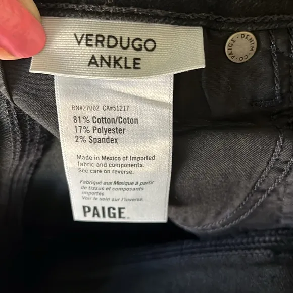 🆕 PAIGE VERDUGO ANKLE BLACK JEANS - Sterling Dark Coated- Size 28