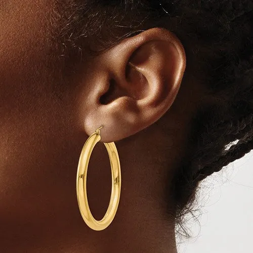(10K, 14K, 18K) Yellow Gold (4mm) Tube Hoop Earrings