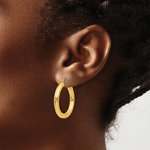 (10K, 14K, 18K) Yellow Gold (4mm) Tube Hoop Earrings