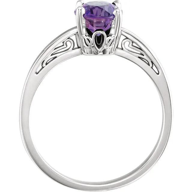 14K White Gold Oval Amethyst Scroll Set Ring