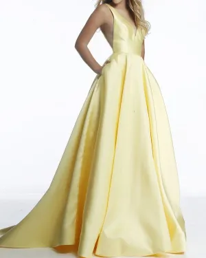 2020 Elegant Yellow Satin Ball Gown Prom Dress Deep V-Neck Long Pageant Gowns