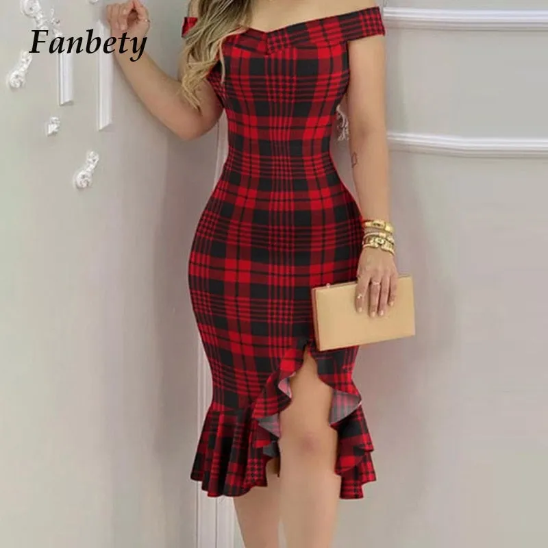2021 frühling Sommer Neue Mode Party Kleid Frauen Elegante Off Schulter Plaid Print Kleid Sexy Saum Schlitz Schlank Backless Kleid mujer