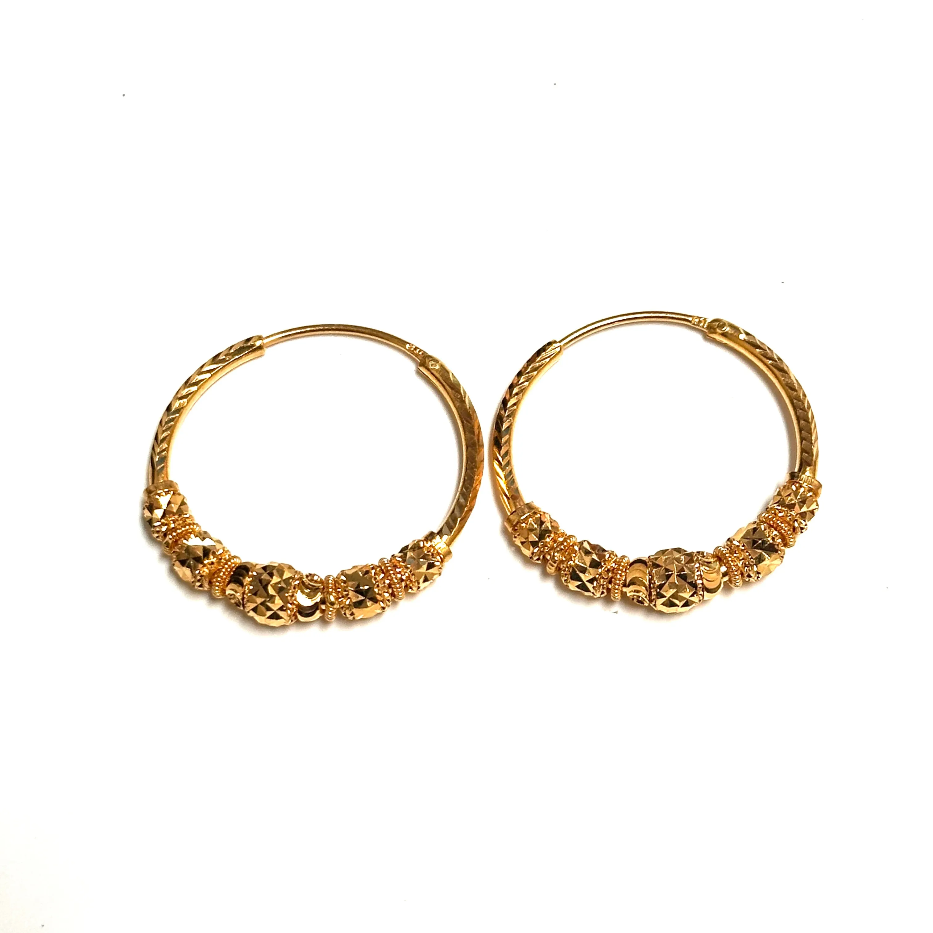 22K Yellow Gold Diamond Cut Beaded Hoop Earrings