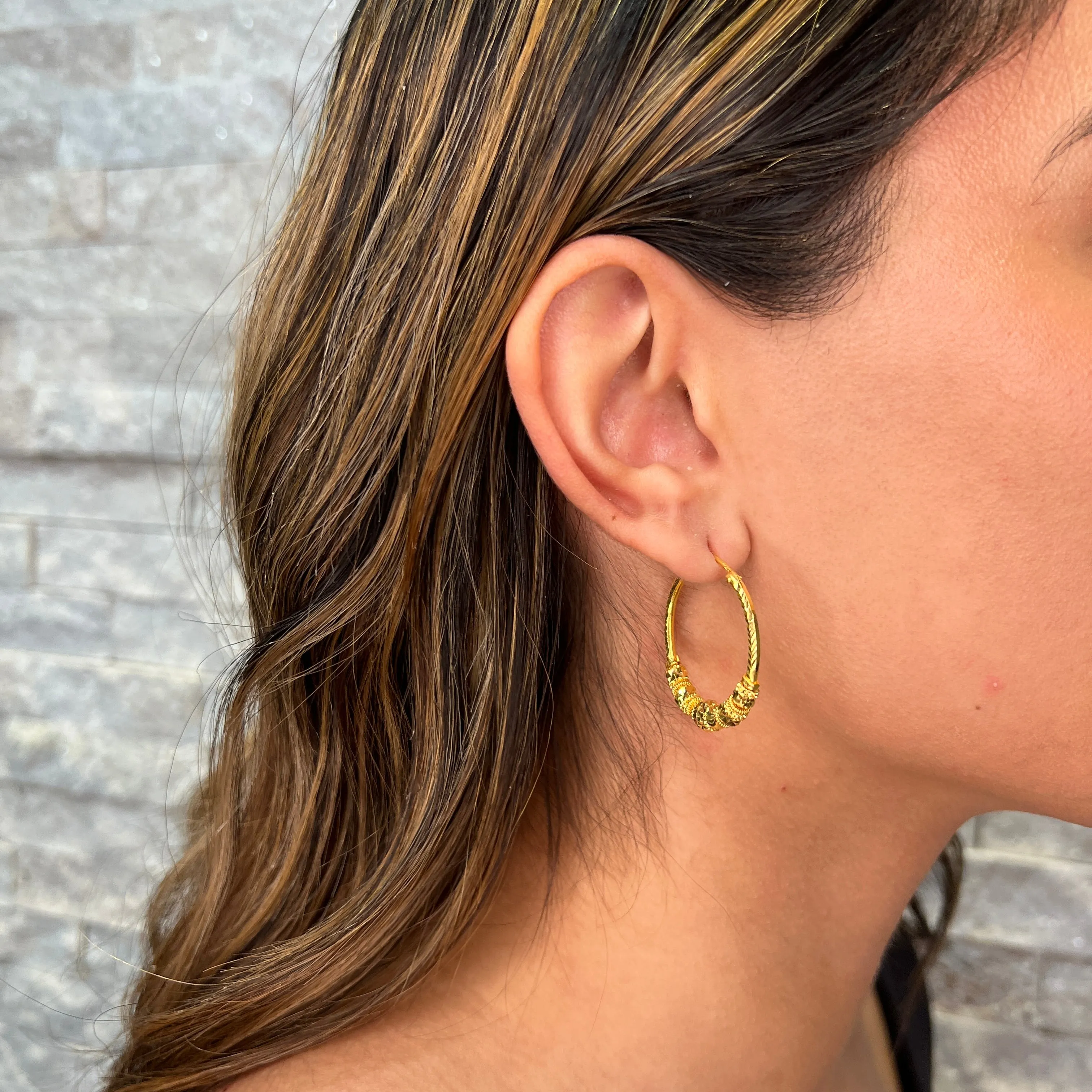 22K Yellow Gold Diamond Cut Beaded Hoop Earrings