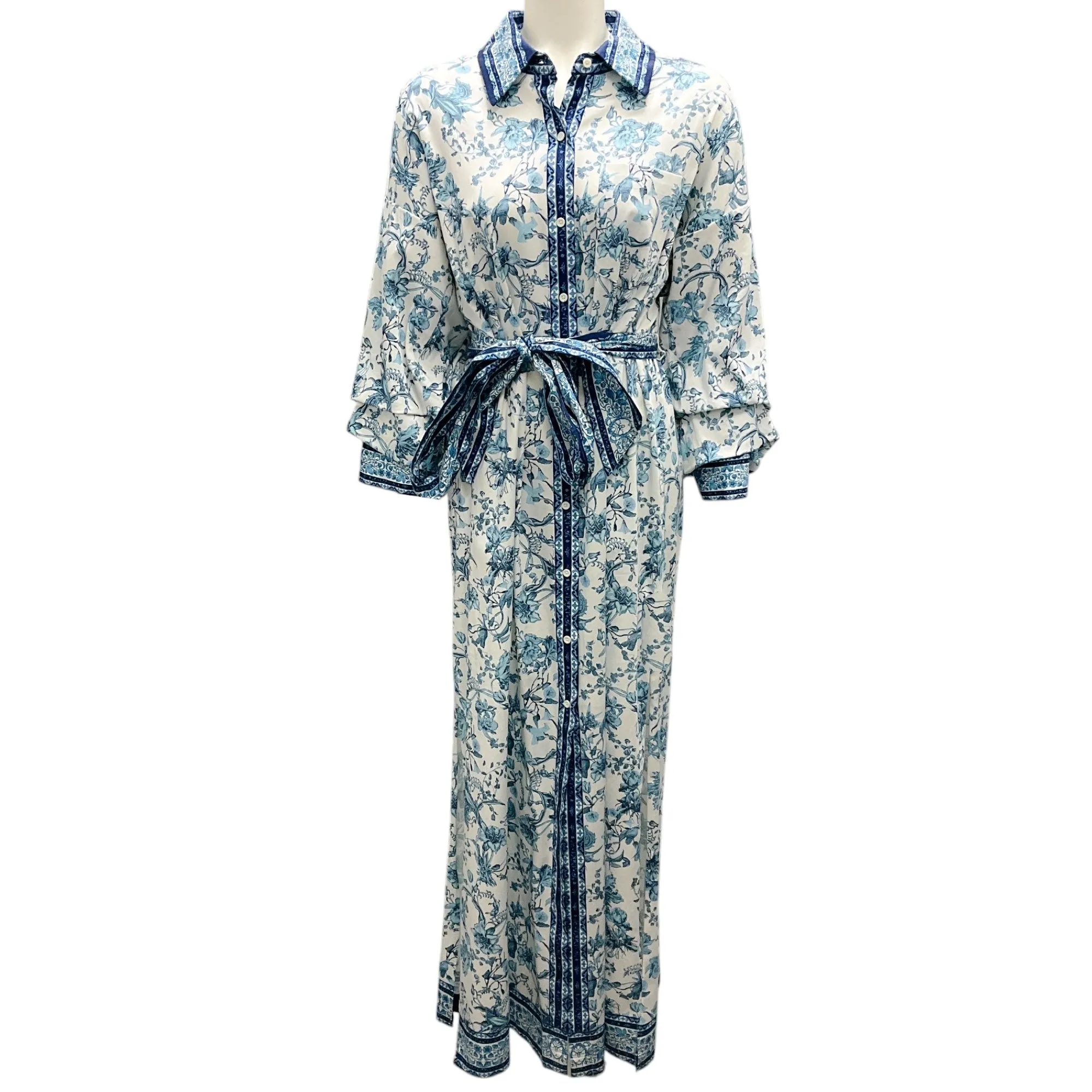 Alice   Olivia White / Blue Tanika Floral Belted Shirtdress