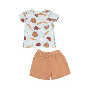 Angel Dear || Baseball Crew Neck Tee & Muslin Short Set