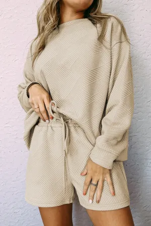 Apricot Gray Textured Long Sleeve Top and Drawstring Shorts Set