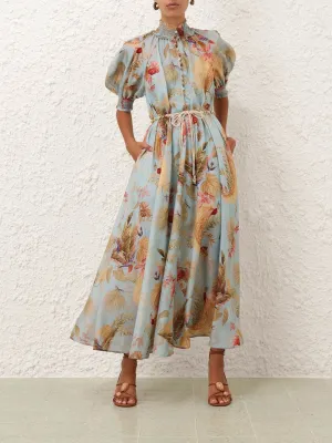 Aqua Palm Floral Billow Maxi Dress