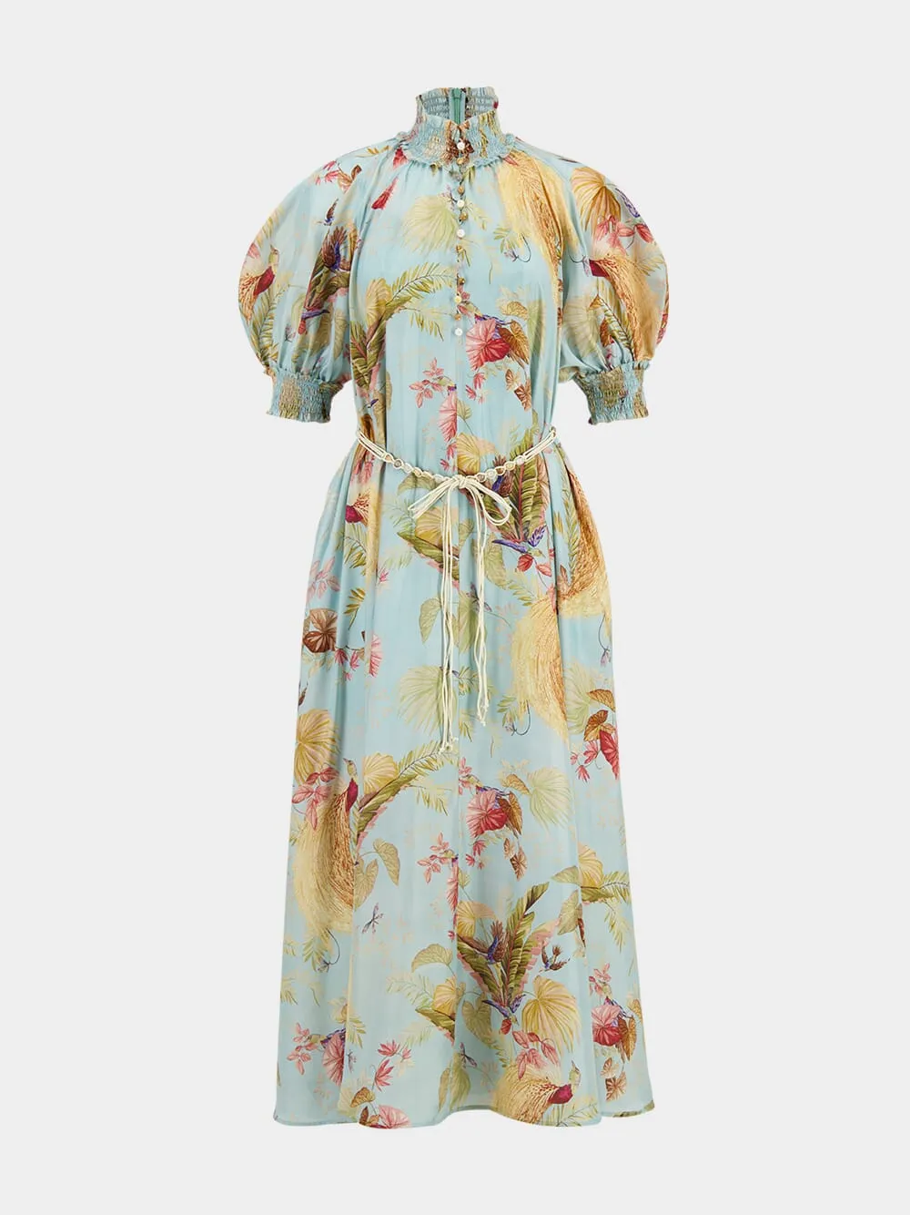 Aqua Palm Floral Billow Maxi Dress