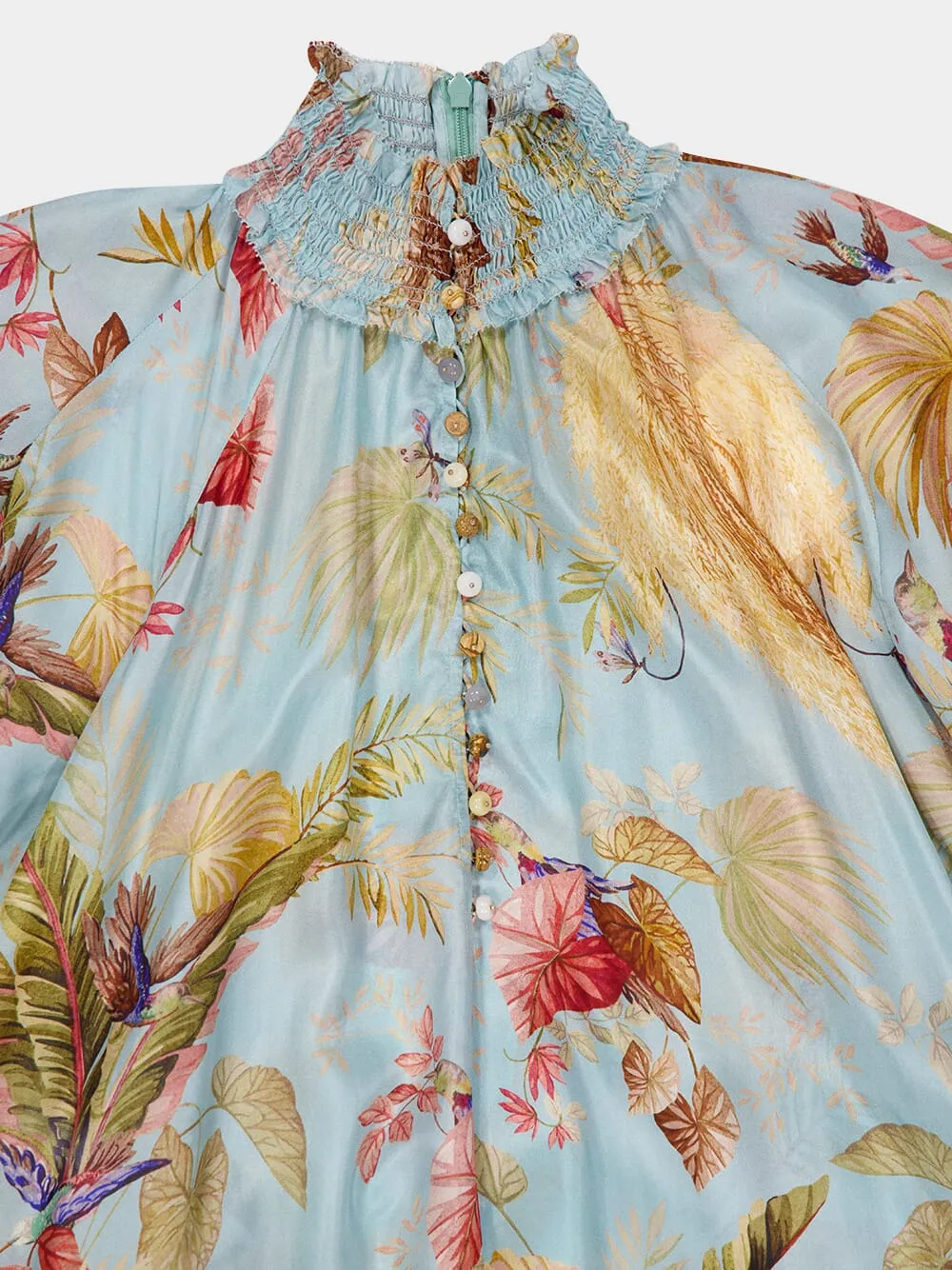 Aqua Palm Floral Billow Maxi Dress
