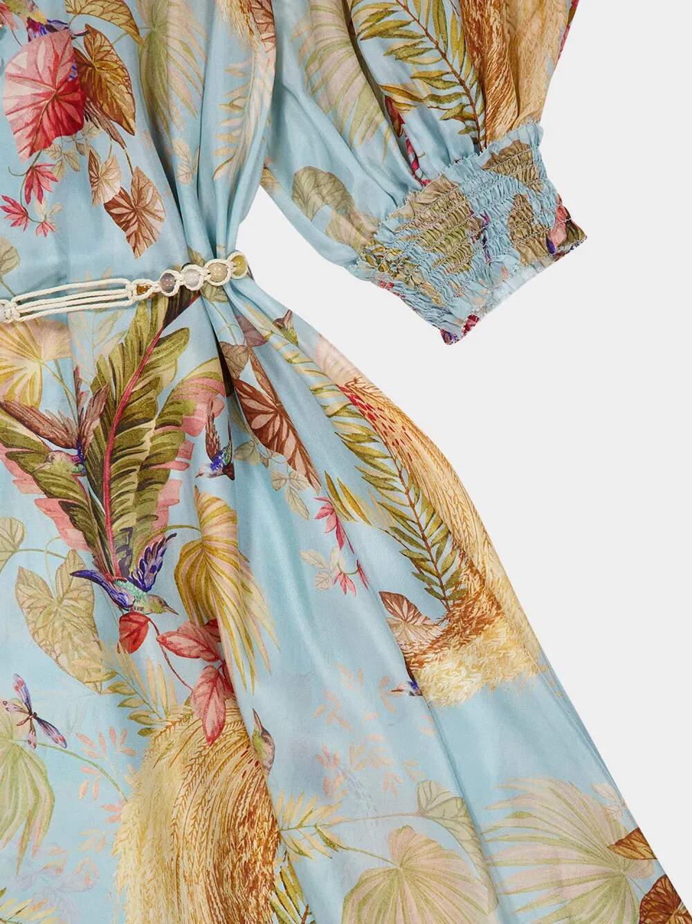 Aqua Palm Floral Billow Maxi Dress