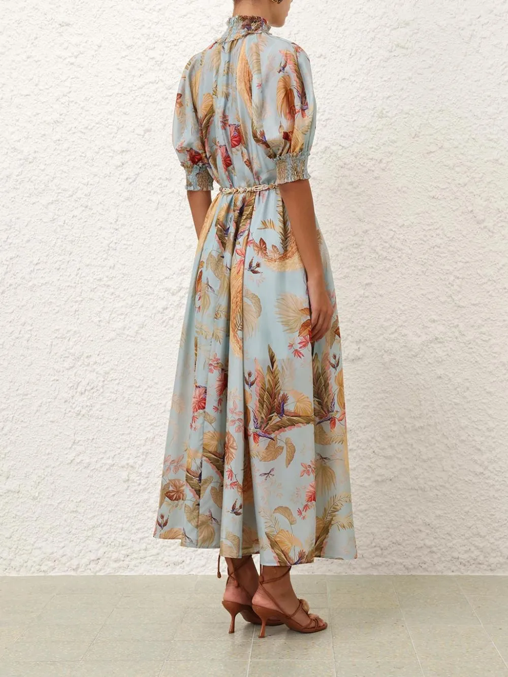 Aqua Palm Floral Billow Maxi Dress