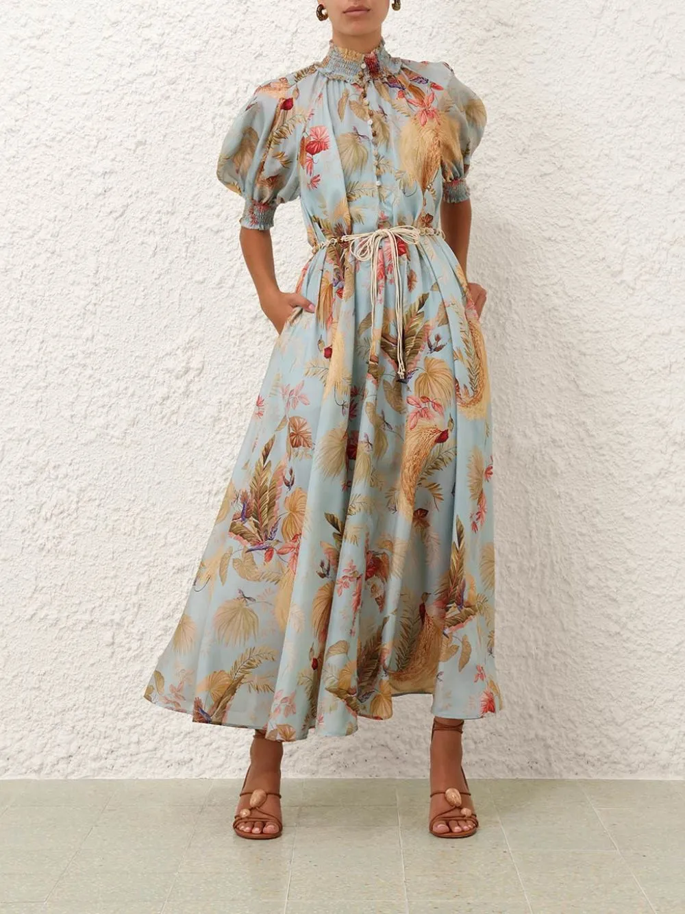 Aqua Palm Floral Billow Maxi Dress