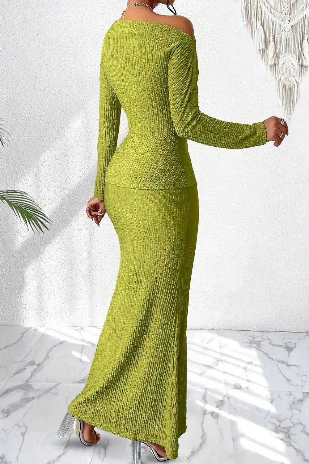 Asymmetrical Neckline Split Hem Top with Mermaid Skirt Set