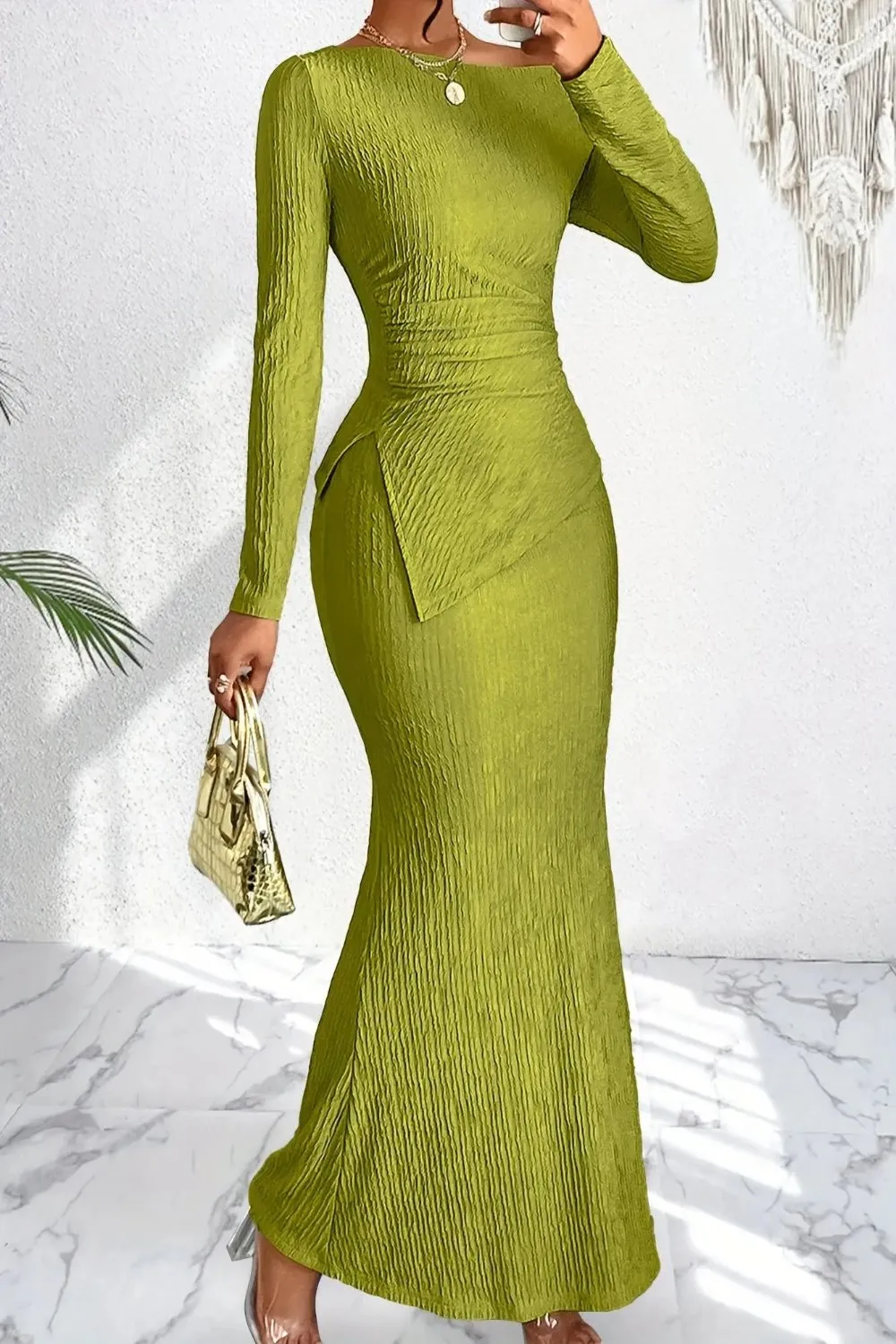 Asymmetrical Neckline Split Hem Top with Mermaid Skirt Set