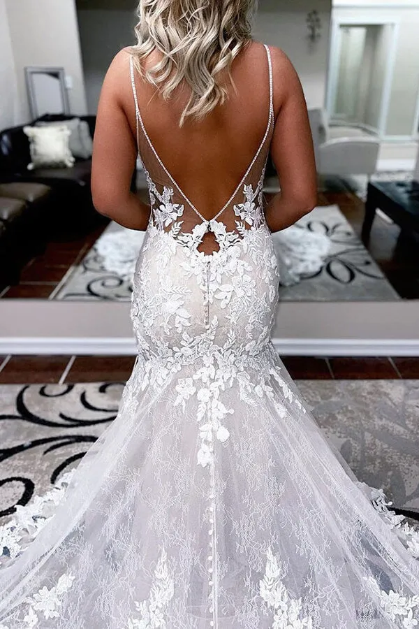 Aya | Ivory Lace Mermaid Backless Long Wedding Dress