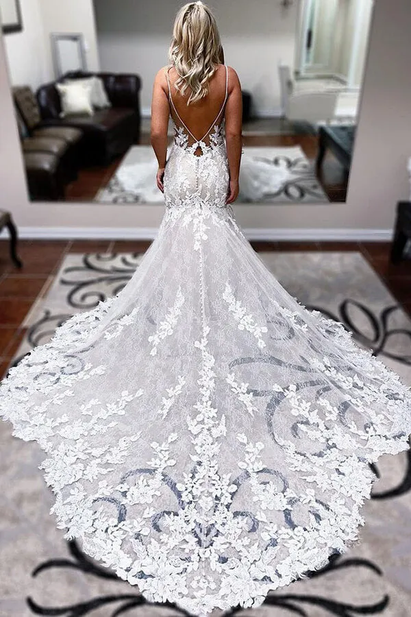 Aya | Ivory Lace Mermaid Backless Long Wedding Dress