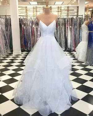 Beautiful White Organza Prom Dresses with Spaghetti Straps 2018 Elegant Prom Gowns Puffy Ruffles