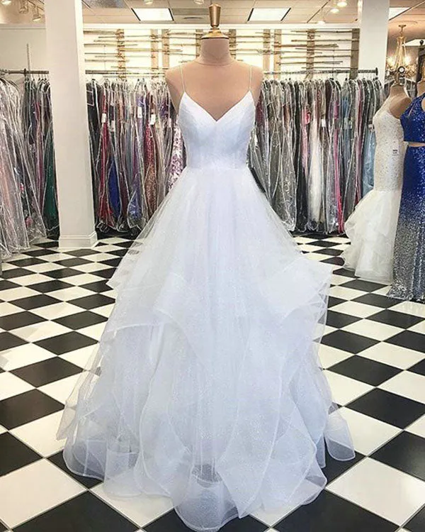 Beautiful White Organza Prom Dresses with Spaghetti Straps 2018 Elegant Prom Gowns Puffy Ruffles