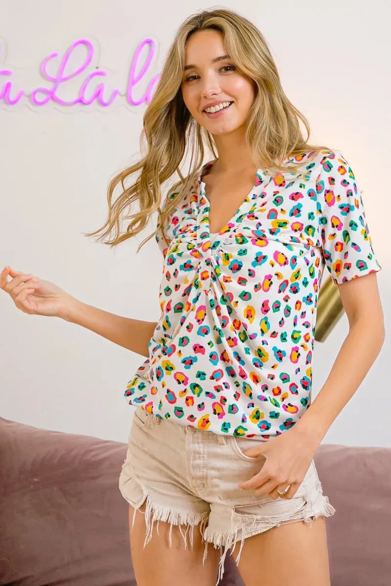 BiBi Multi Color Leopard Jersey Shirred V Neck Top