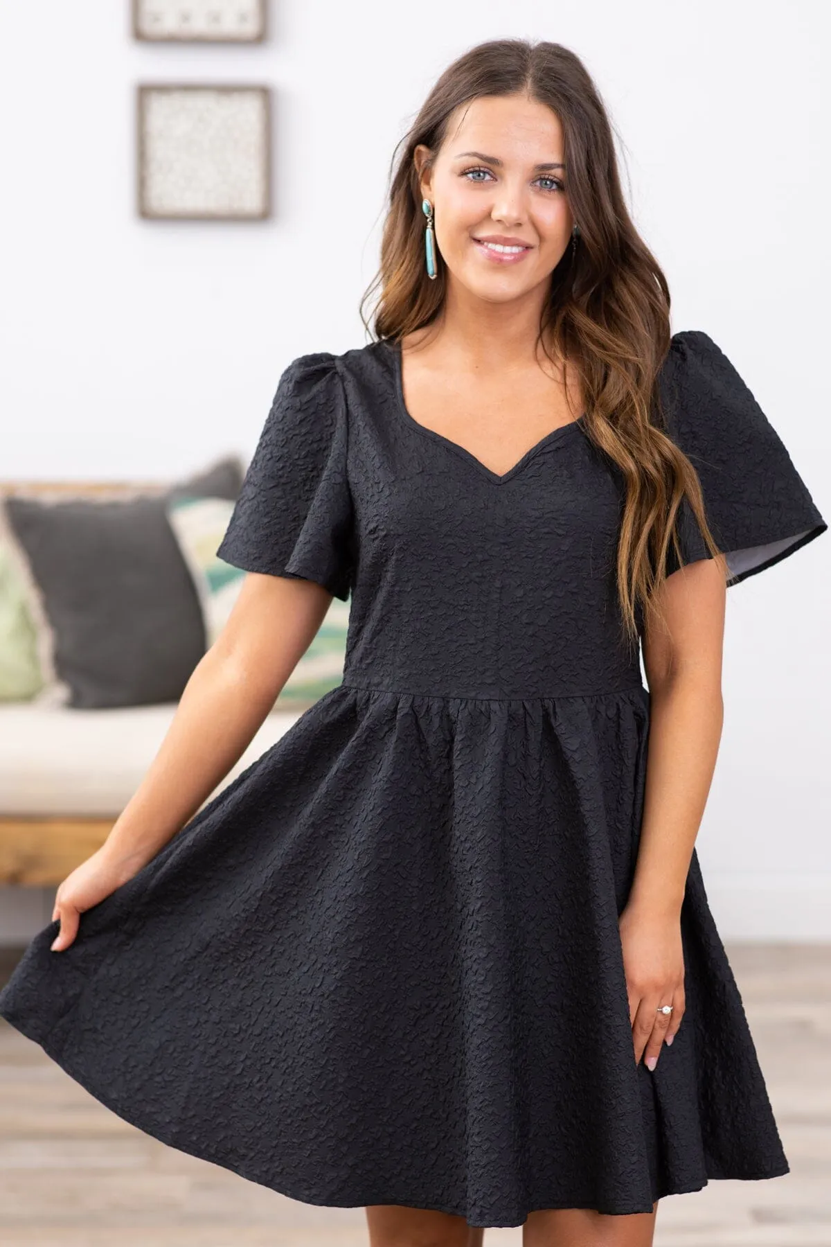 Black Flutter Sleeve Built In Shorts Dress