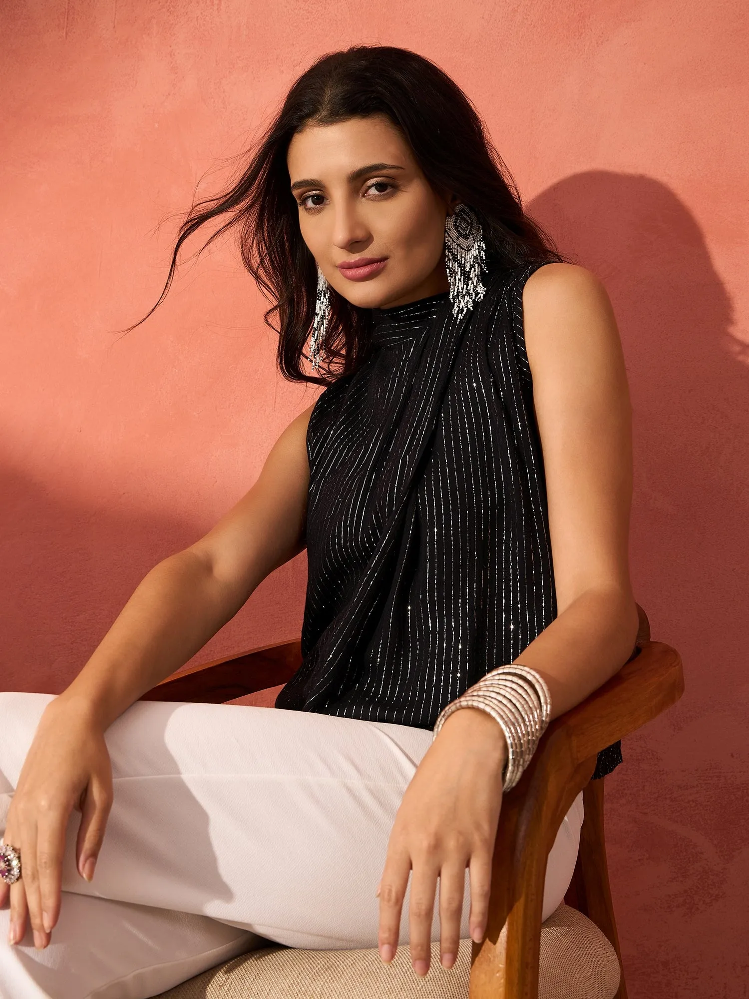 Black Lurex Tie Up Top