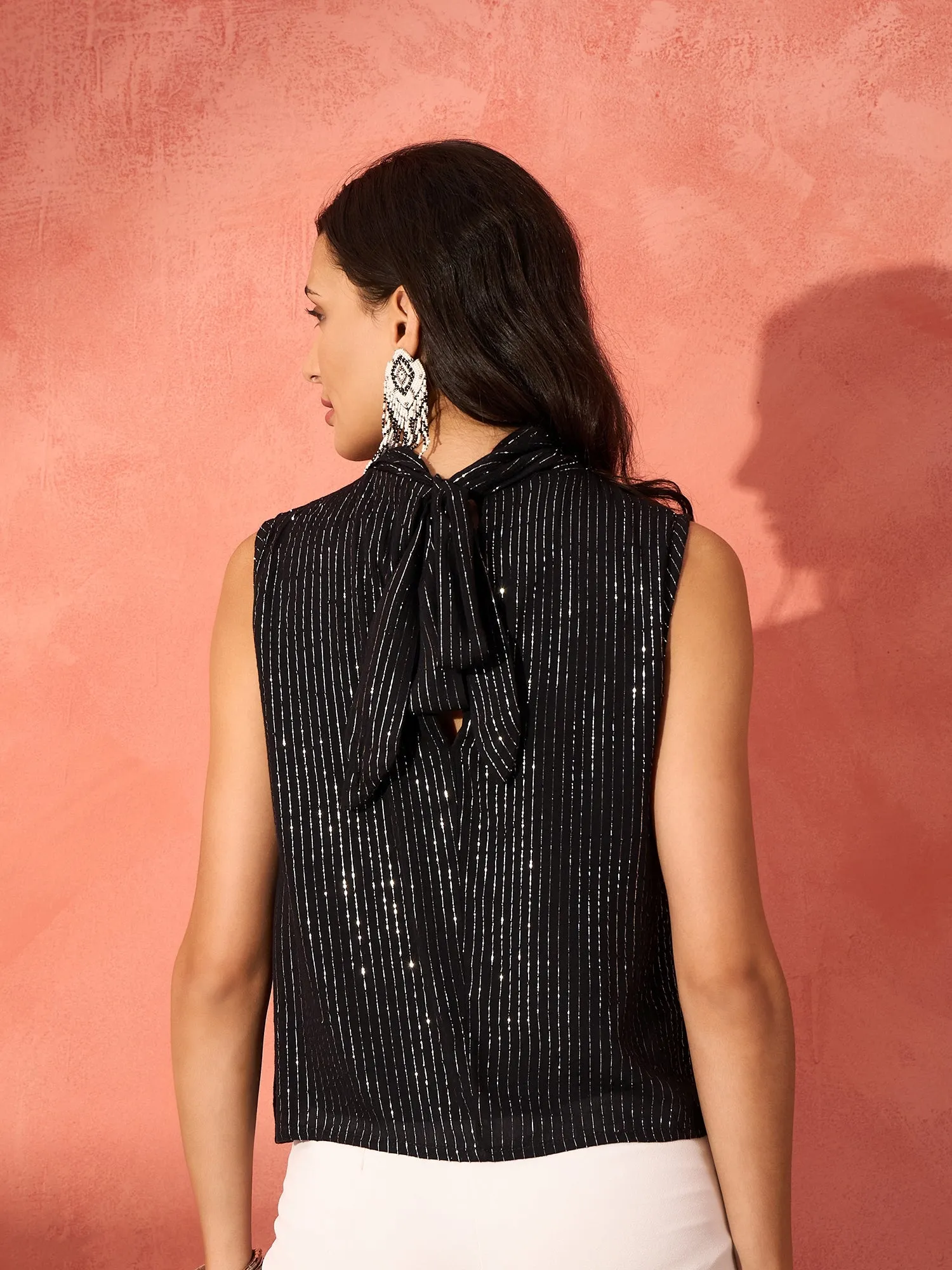 Black Lurex Tie Up Top