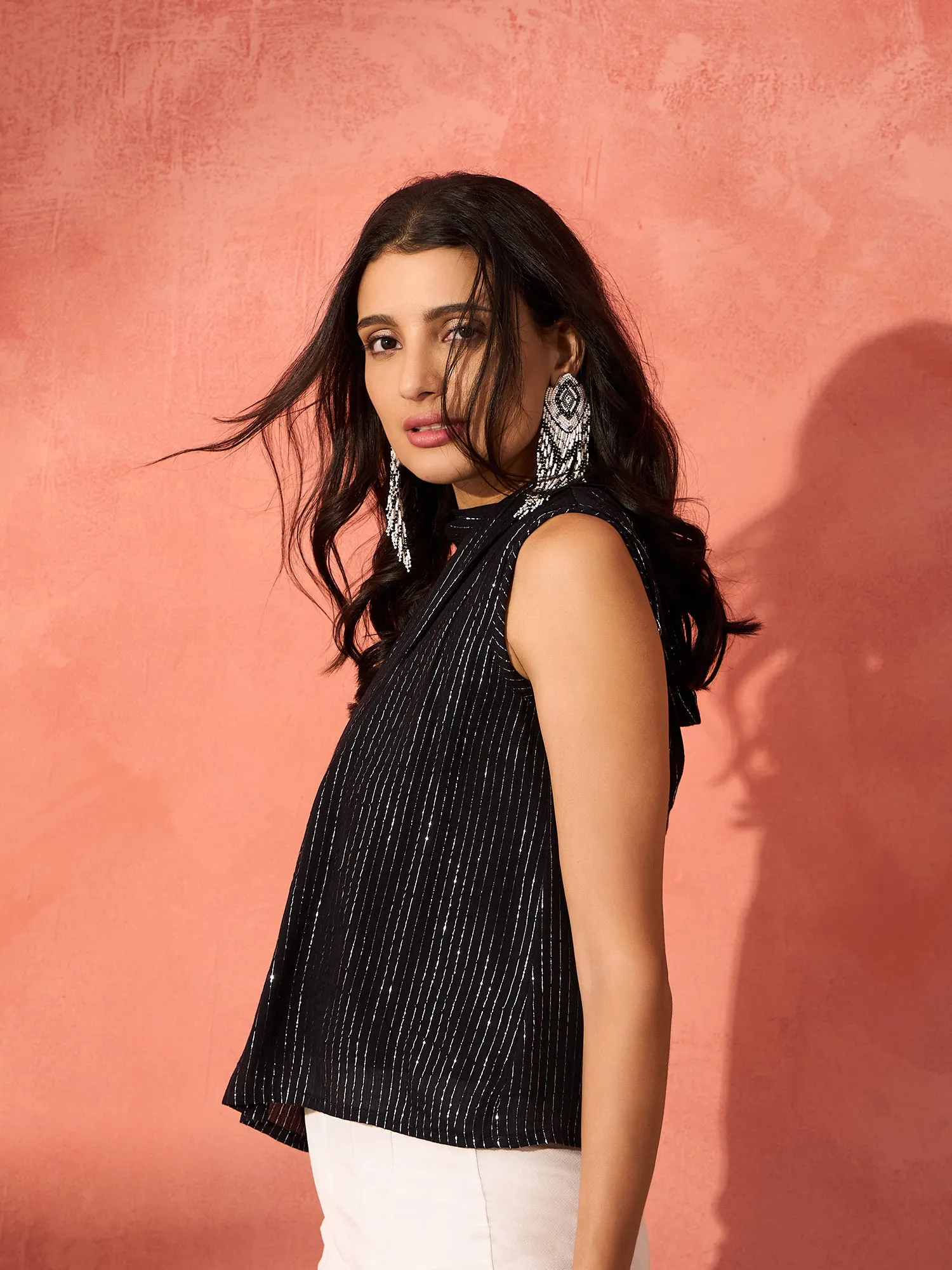 Black Lurex Tie Up Top
