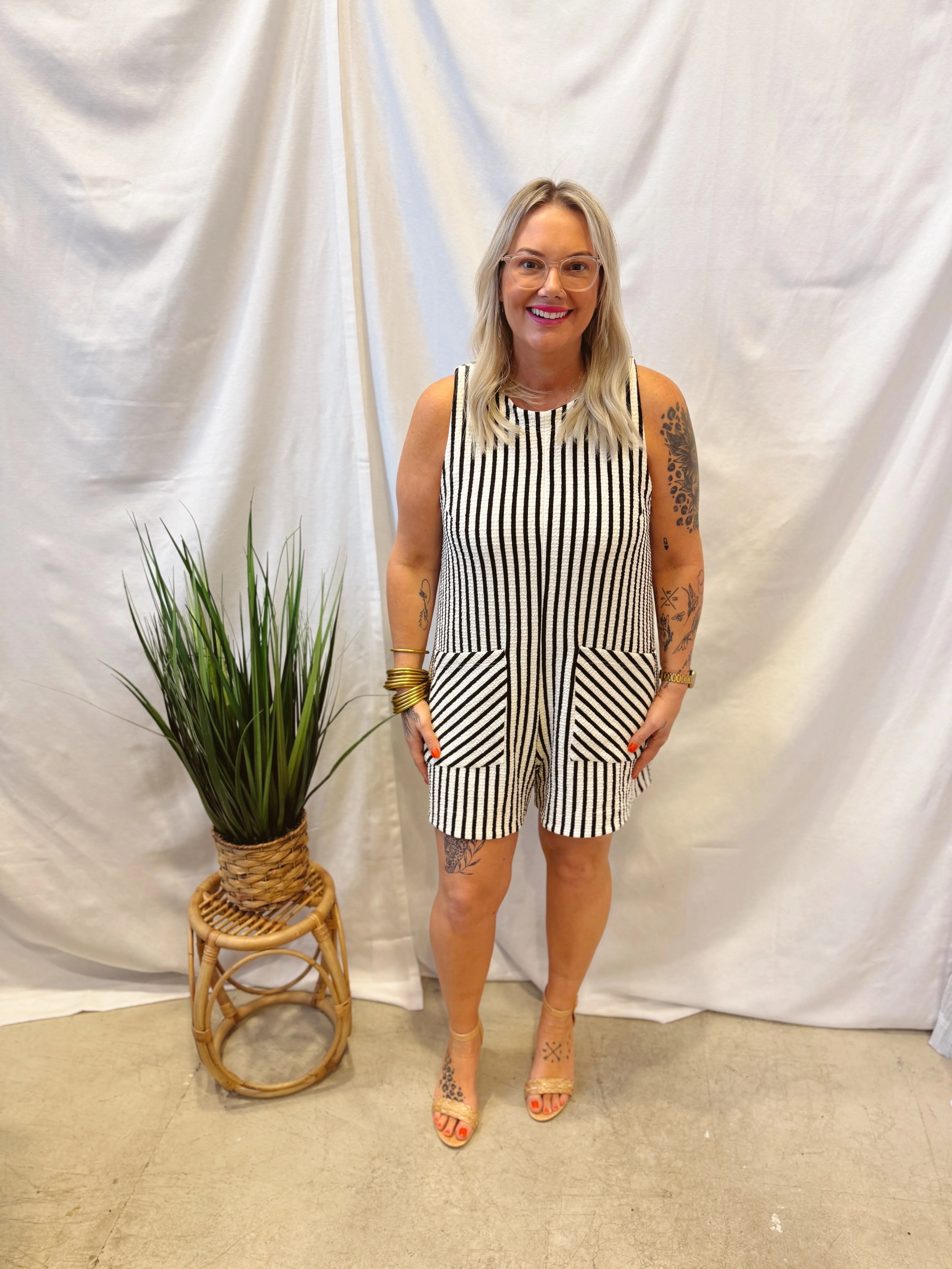 Black Striped Shorts Romper