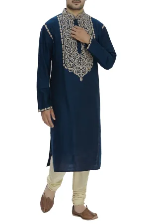 Blue Cotton Silk Embroidered Kurta Set