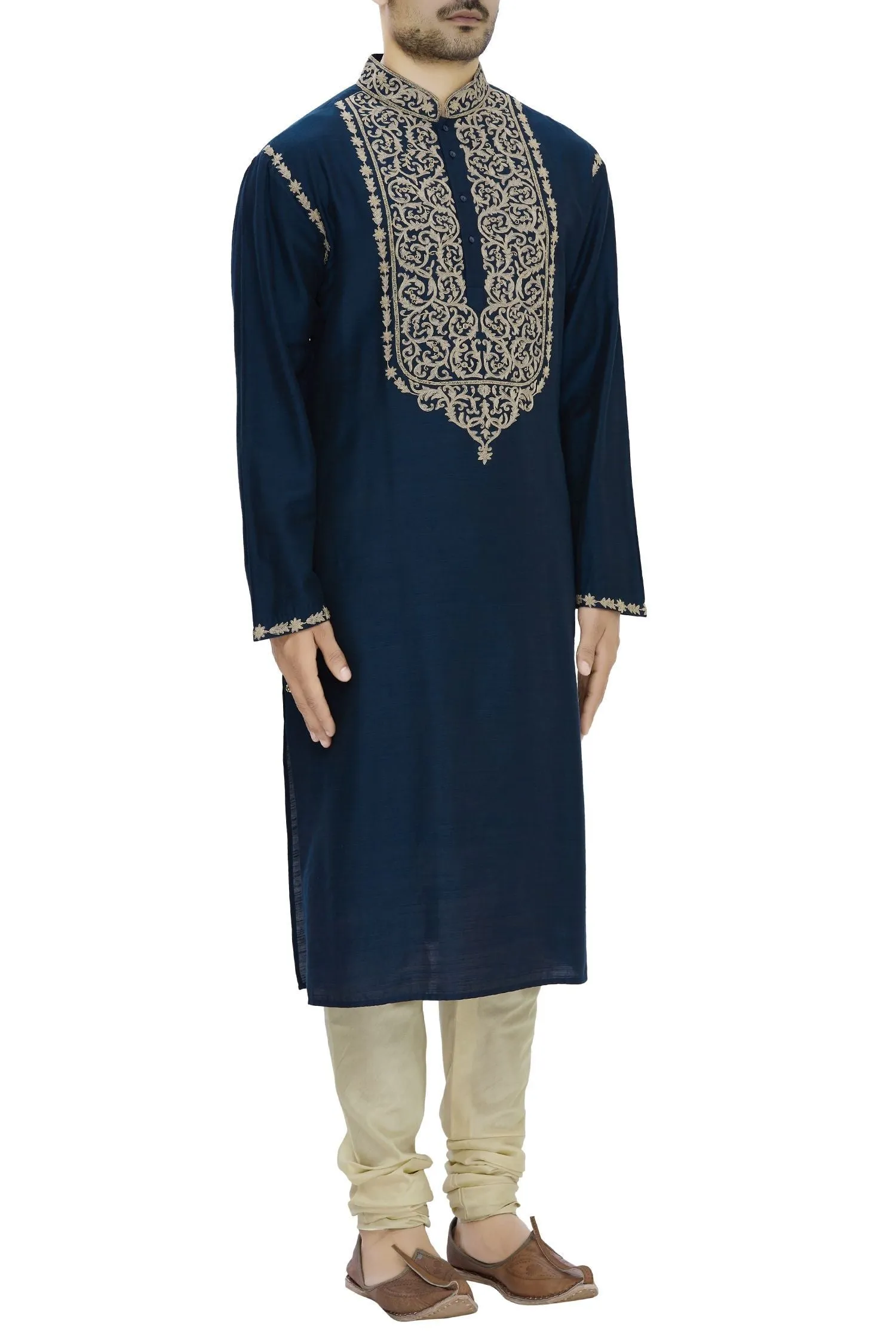 Blue Cotton Silk Embroidered Kurta Set