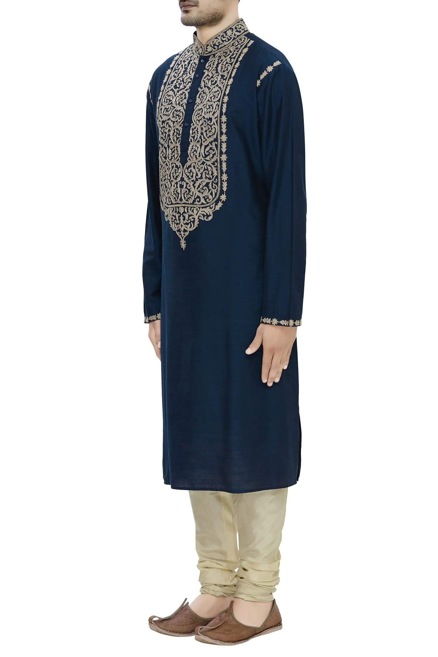 Blue Cotton Silk Embroidered Kurta Set
