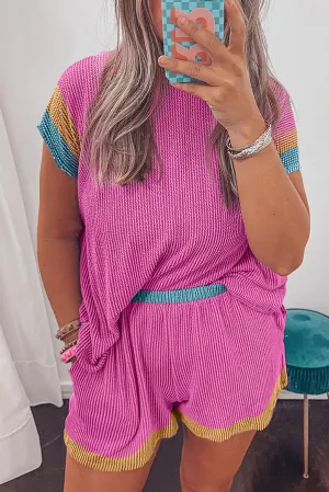 Bright Pink Textured Knit Contrast Trim Plus Shorts Set