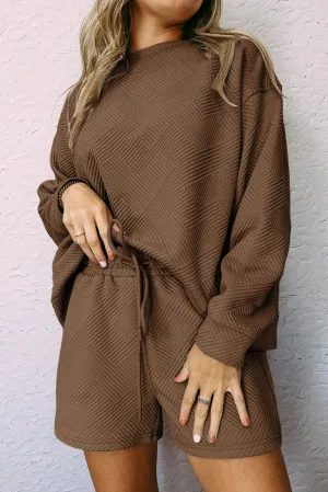 Brown Gray Textured Long Sleeve Top and Drawstring Shorts Set
