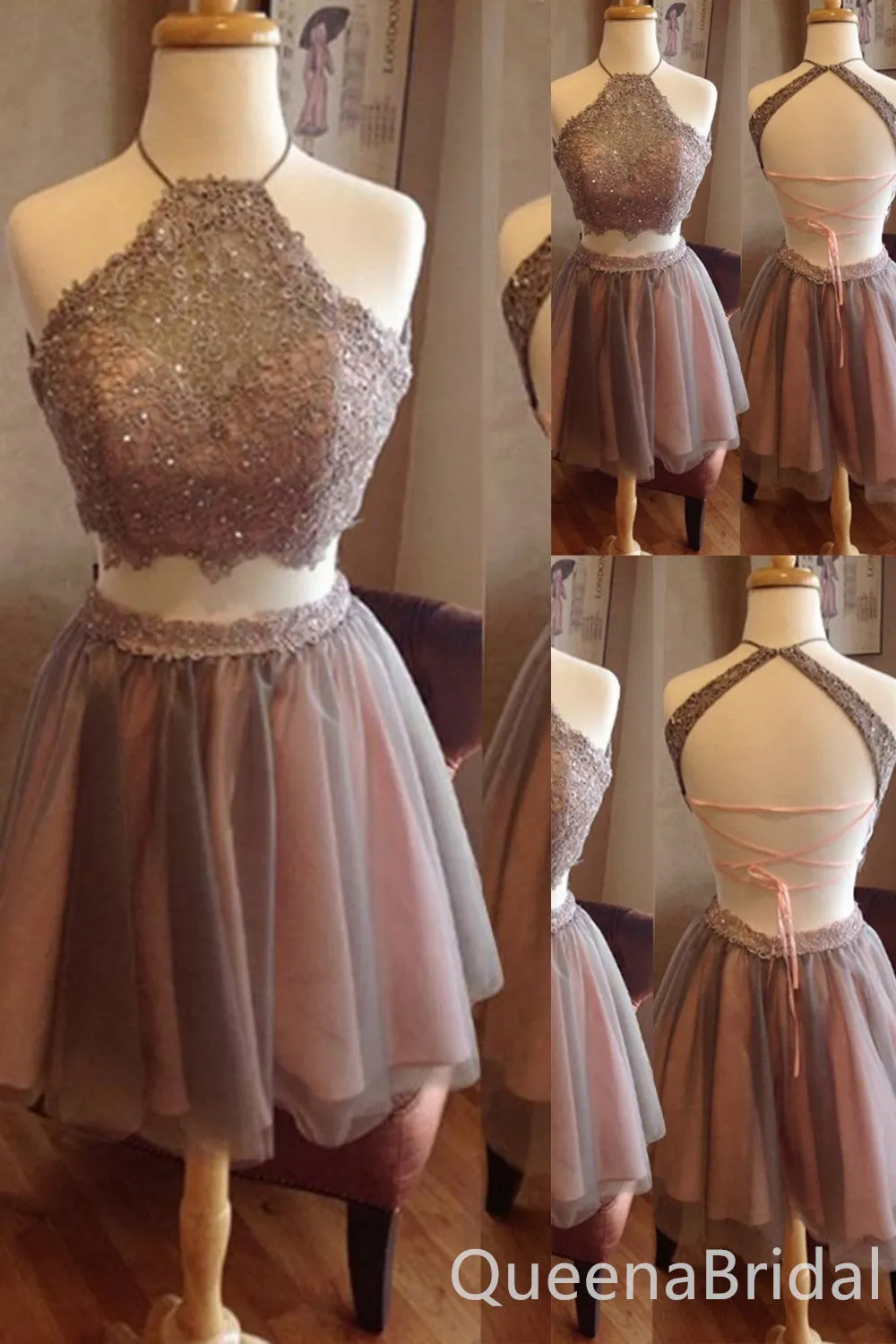 Brown Two Pieces A-line Graduation Party Short Homecoming Dresses , QB0808