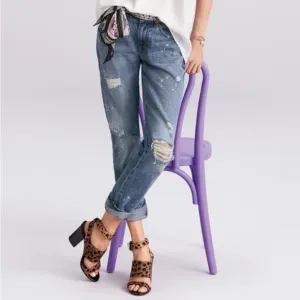 CAbi 100% Boyfriend Jeans Style 5884 DistressedAnkle Cropped Straight Size 2