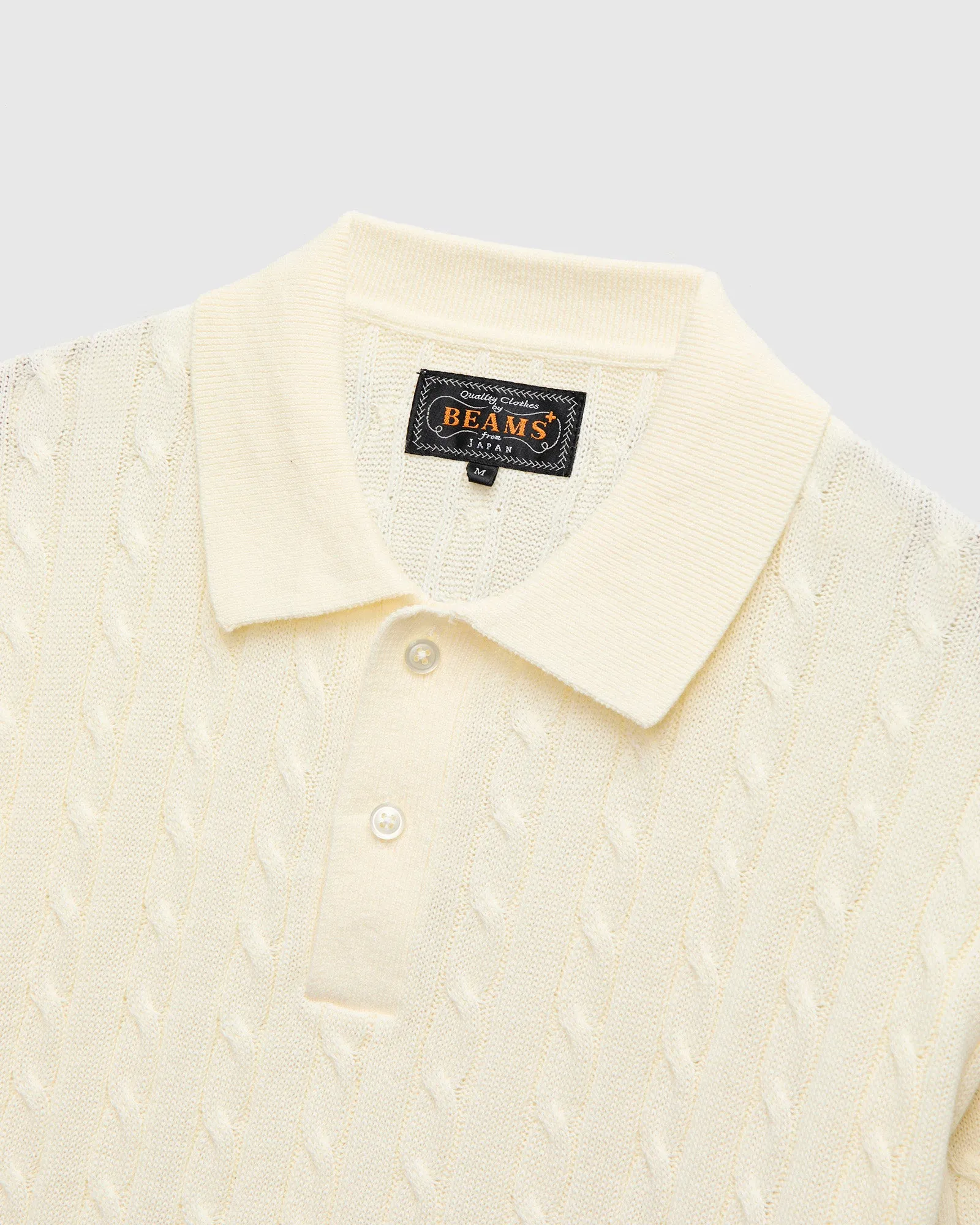 Cable Knit Polo Short Sleeve Sweater in White