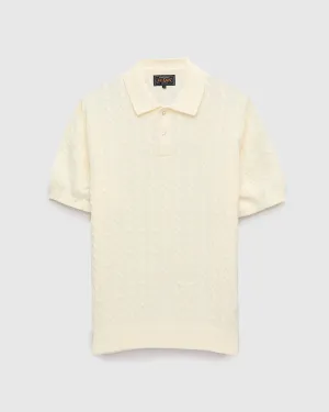 Cable Knit Polo Short Sleeve Sweater in White