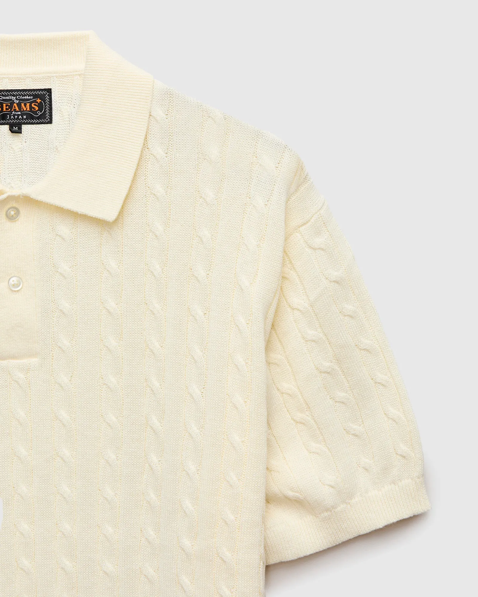 Cable Knit Polo Short Sleeve Sweater in White