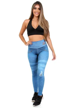 Calça Legging Sublimada Fitness Imita Jeans Fake Jeans