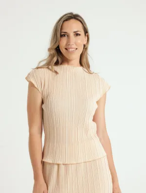 Cap Sleeve Plisse Lettuce Hem Tee - Light Stone