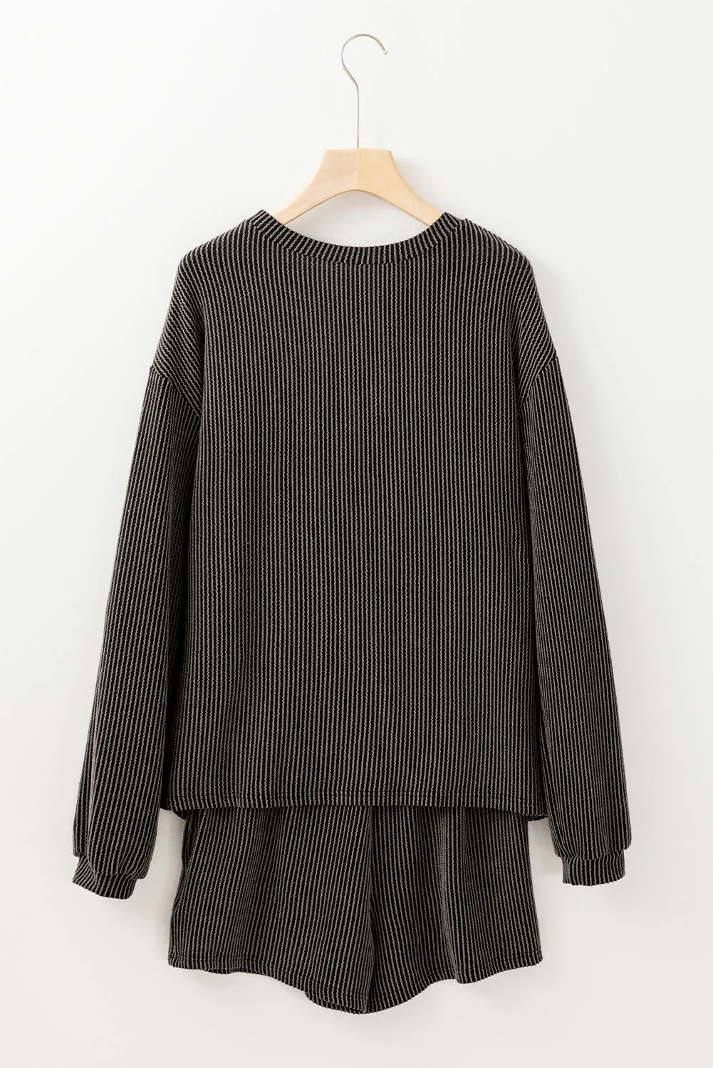 Carbon Grey Bowknot Patched Pattern Corded Long Sleeve Top and Shorts Outfit