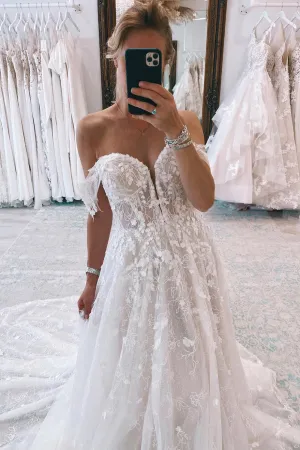 Carly | Ivory Off the Shoulder Long Lace Mermaid Wedding Dress with Appliques