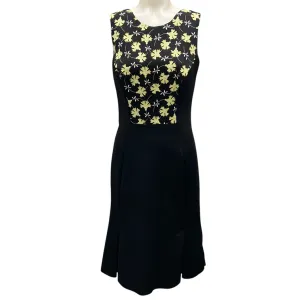 Carolina Herrera Black / Yellow Floral Embroidered Laser Cut Scuba Dress