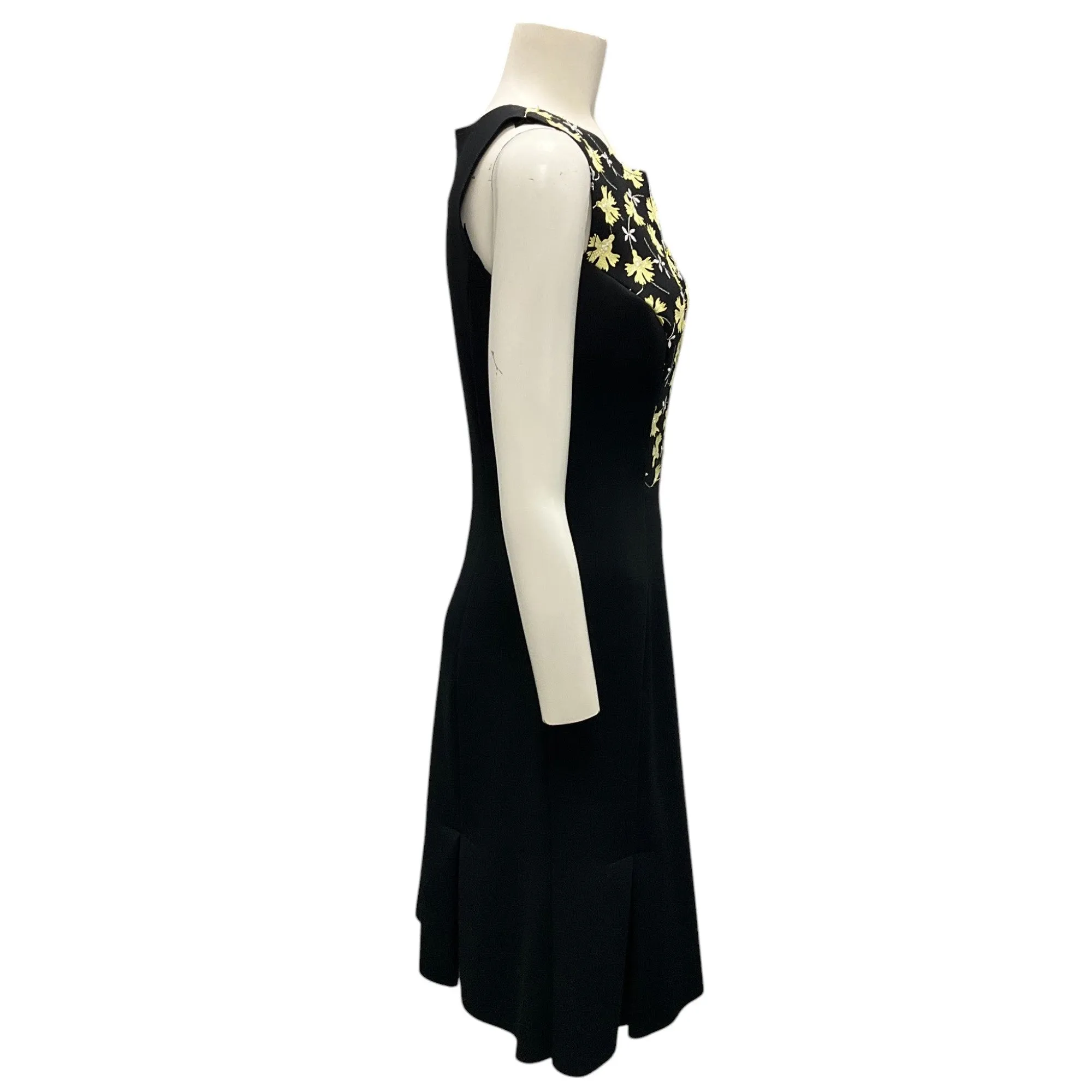 Carolina Herrera Black / Yellow Floral Embroidered Laser Cut Scuba Dress