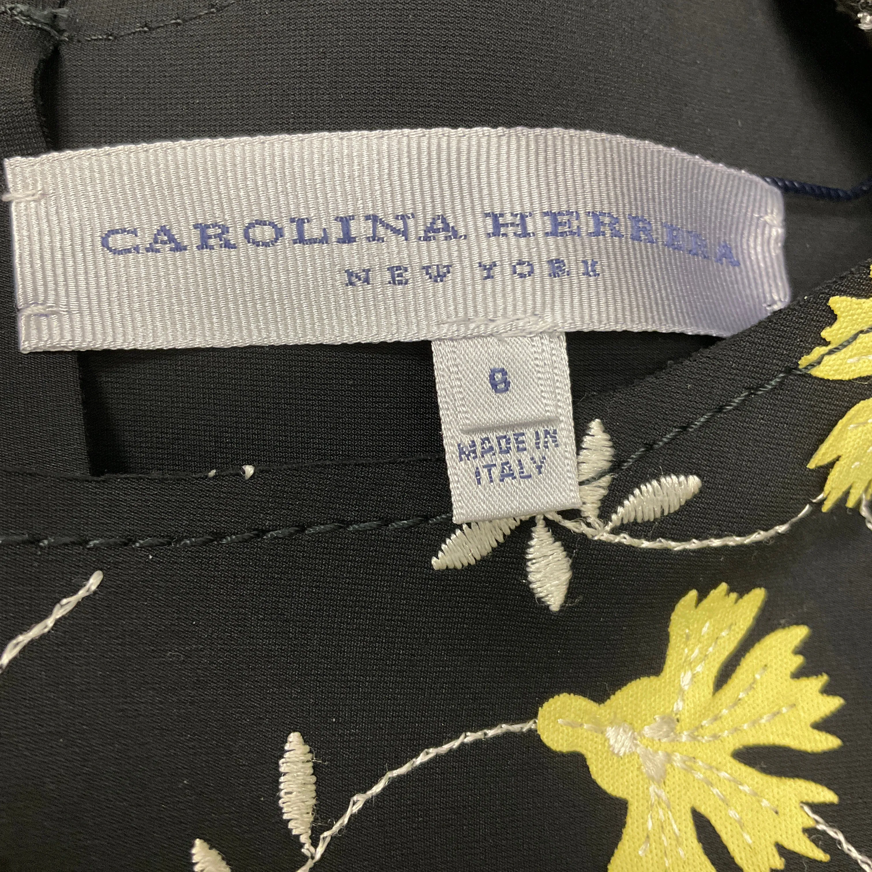 Carolina Herrera Black / Yellow Floral Embroidered Laser Cut Scuba Dress