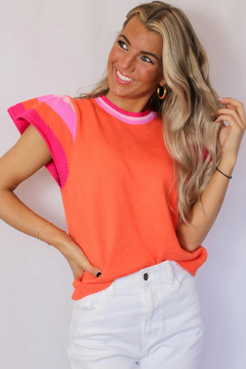Carrot Knitted Contrast Sleeve Round Neck Tee