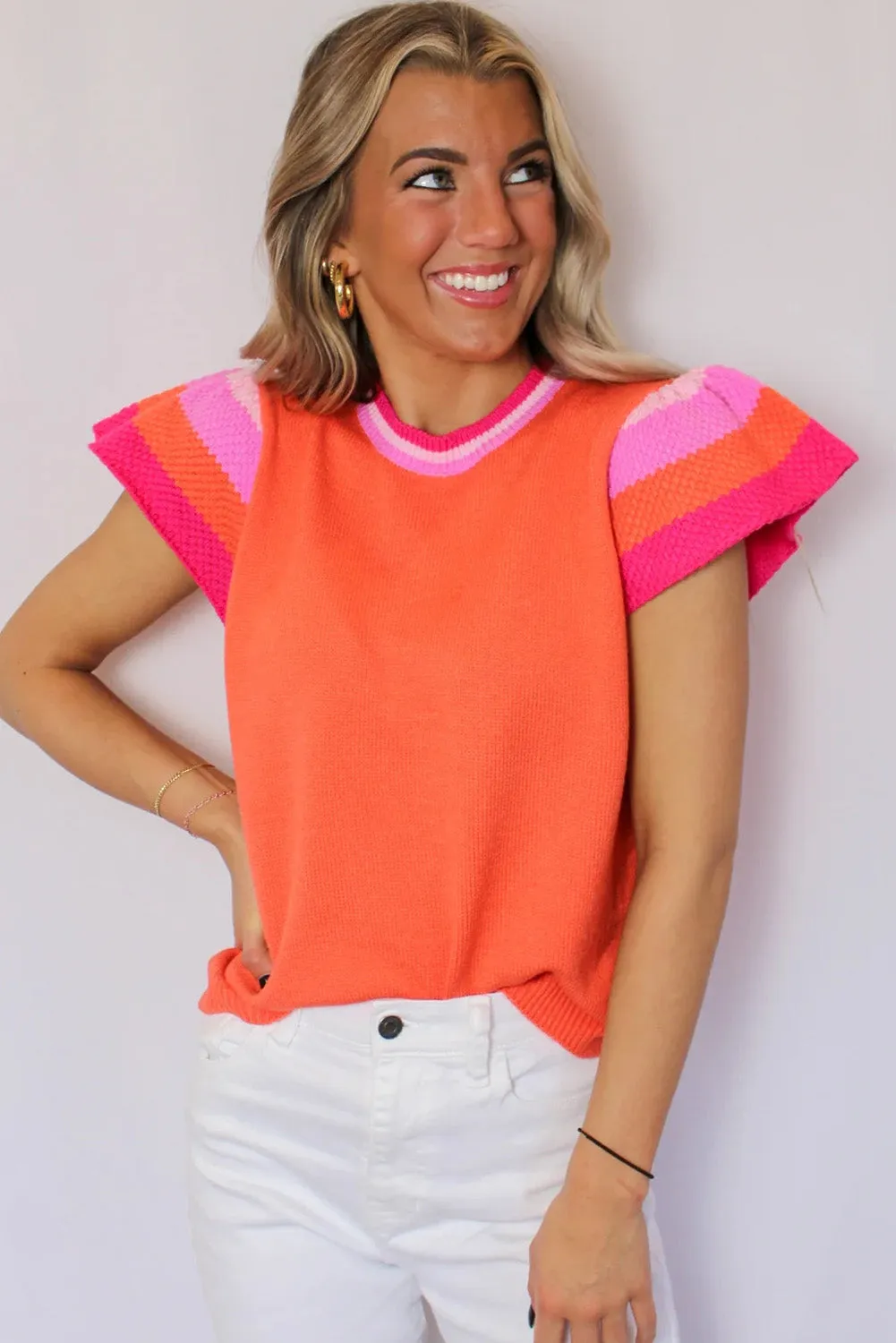 Carrot Knitted Contrast Sleeve Round Neck Tee