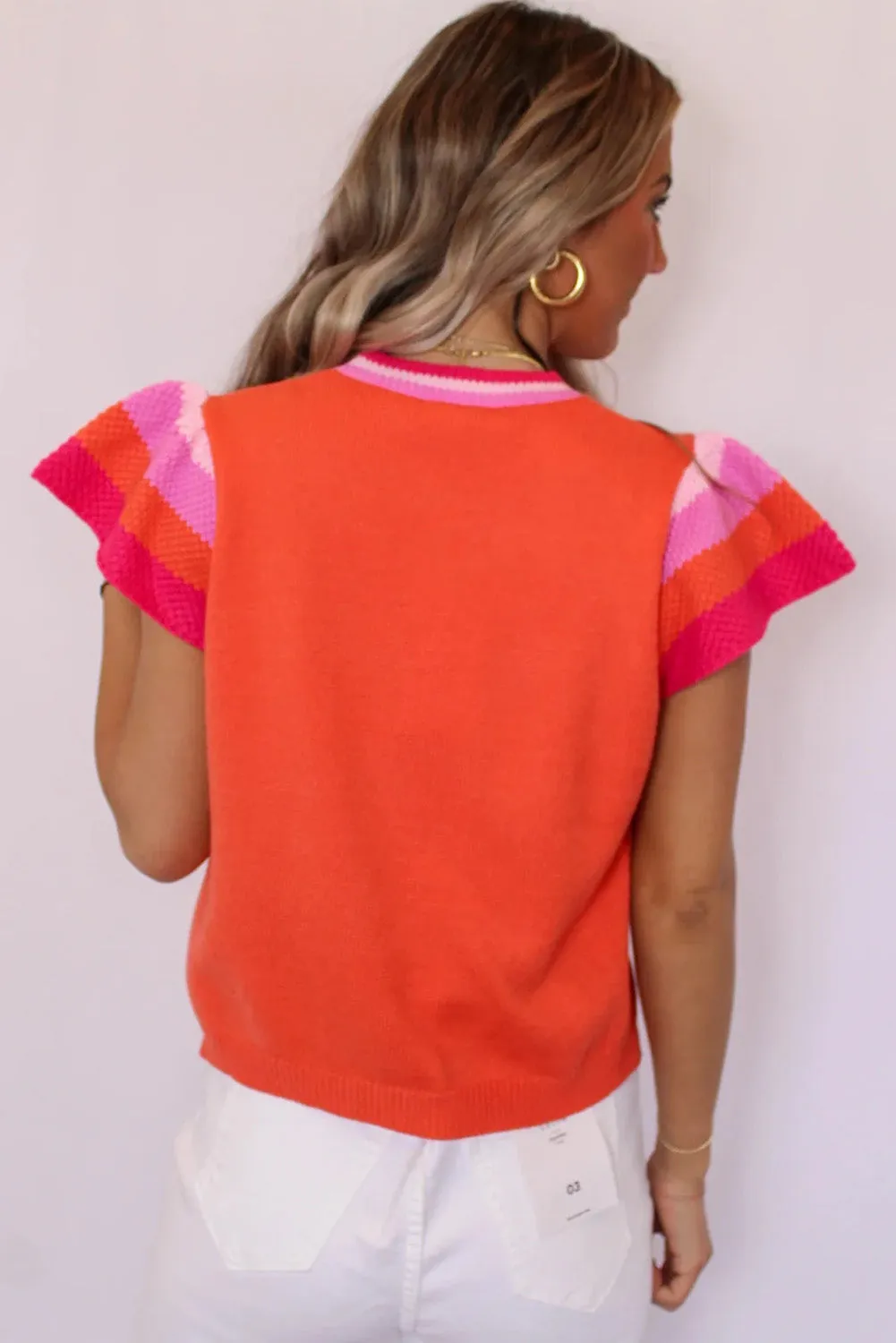 Carrot Knitted Contrast Sleeve Round Neck Tee
