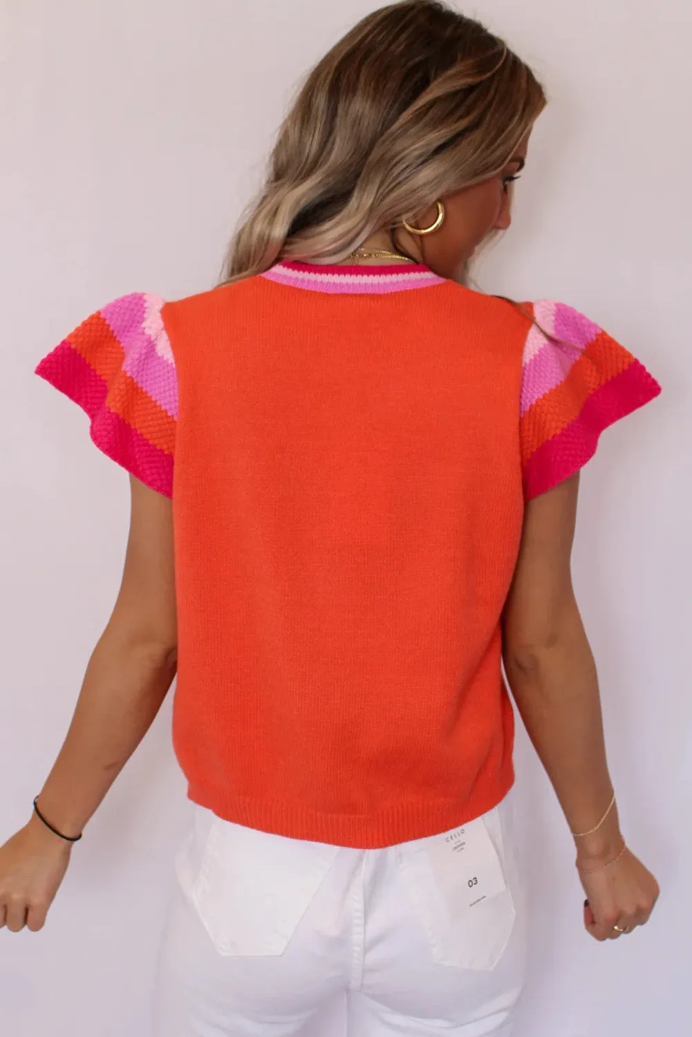Carrot Knitted Contrast Sleeve Round Neck Tee